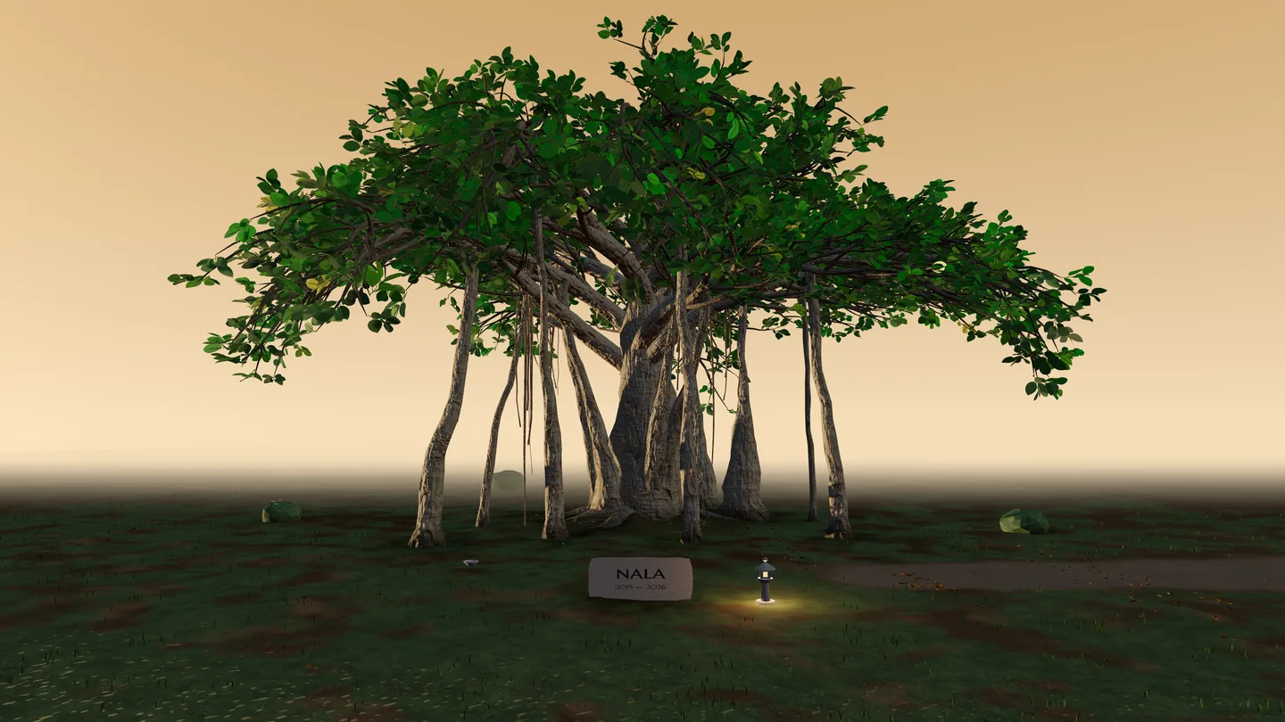 Example memorial for Nala: a Wide Colonnade banyan seen from the garden path at ground height.