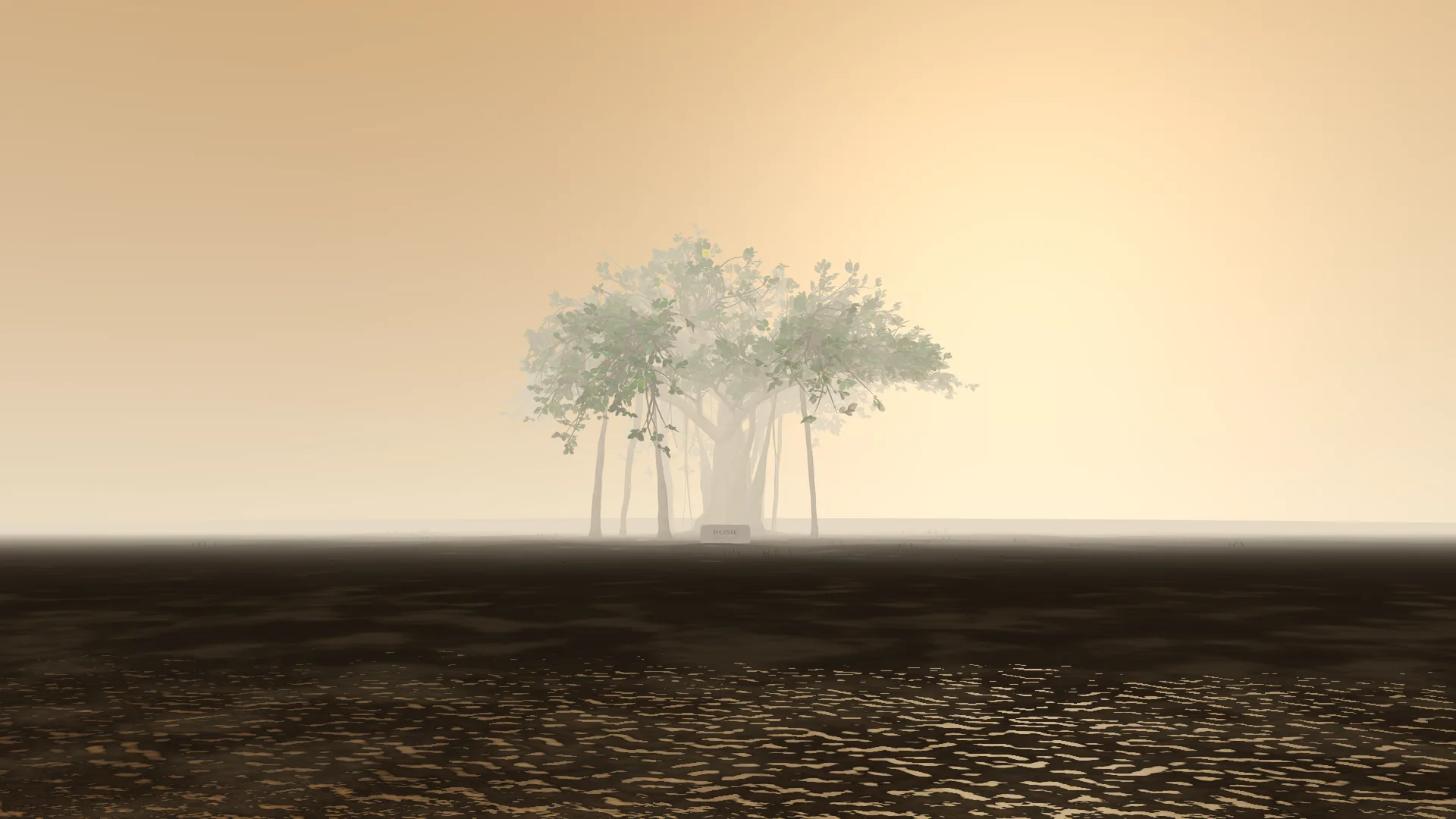 Rosie’s seed-grown banyan appearing at a distance through soft mist over the same stone-and-gravel grove.