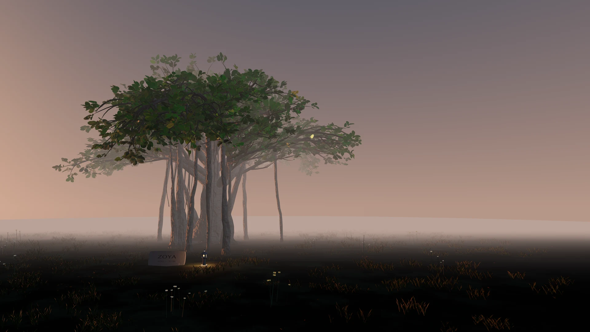 Example memorial for Zoya: a seed-grown banyan standing in a wildflower meadow through warm dusk mist.
